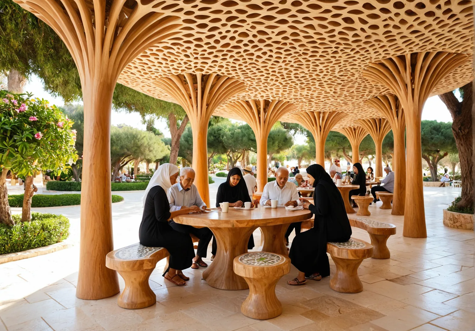 Wide view of organic canopy structure over community gathering