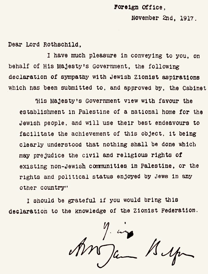 Balfour Declaration: support for a 'national home' + rights caveat